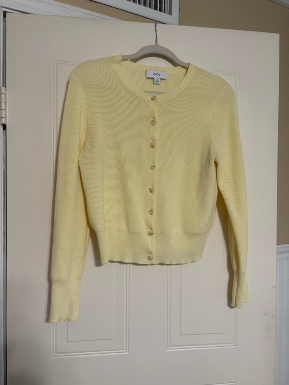 CeCe Pale Yellow Button-Front Ribbed Sweater, M